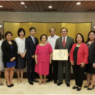 The Sanvictores Family with Ambassador and Mrs. Kazuhide Ishikawa, from L-R: Mr. Philip B. Sanvictores, Mrs. Patricia Maribel C. Sanvictores, Ms. Anna Dominique A. Sanvictores, Mrs. Ishikawa, Ambassador Kazuhide Ishikawa, Mrs. Josefina B. Sanvictores, Ambassador Benjamin F. Sanvictores, Mr. Gerard B. Sanvictores (awardee), Mrs. Bea A. Sanvictores, Ms. Christine Joyce A. Sanvictores, Mrs. Gen S. Sanvictores and Mr. Gerard Anthony A. Sanvictores II.