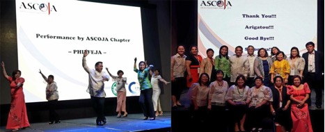 The PHILFEJA delegates in a group photo and the well-applauded cultural performance presentation directed by Lavi Penaverde and Dr. Gay Paller during the ASCOJA conference ’s farewell dinner (Photo: G. Ferma)