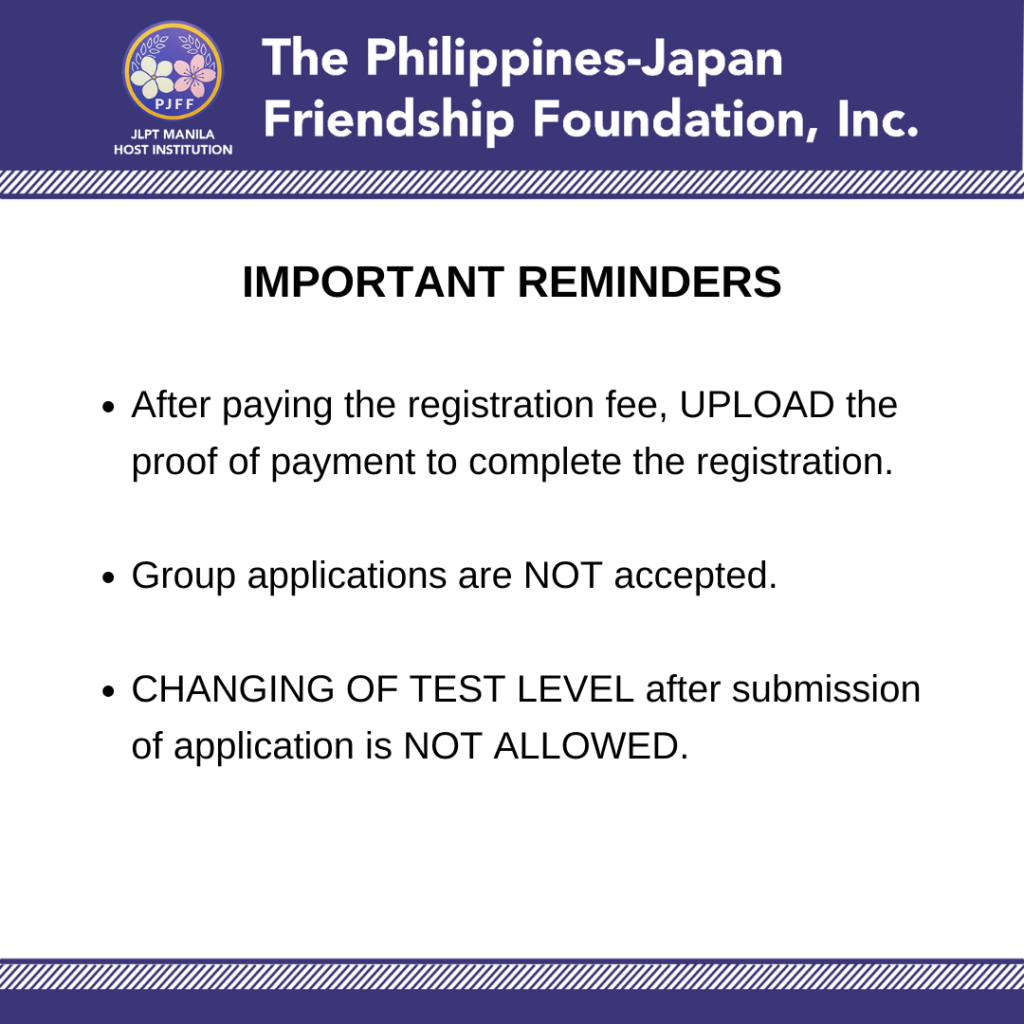 Important Reminders:
• After paying the registration fee, UPLOAD the proof of payment to complete the registration. 
• Group applications are NOT accepted.
• CHANGING OF TRST LEVEL after submission of application is NOT ALLOWED. 